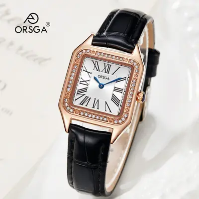 ORSGA Square Diamond Watch Rose Gold Black Strap