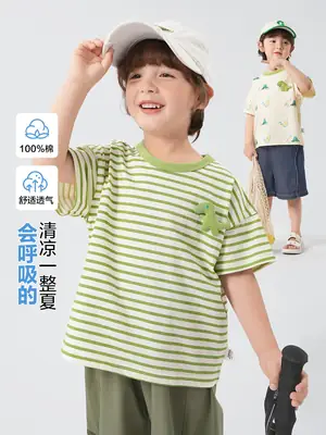 Boys Cotton Striped T-shirt Green Dinosaur Design
