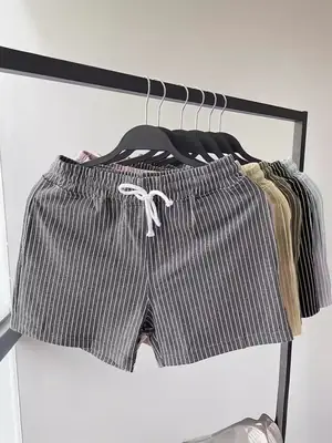 Men Striped Shorts Green White Mid Waist Sports Casual