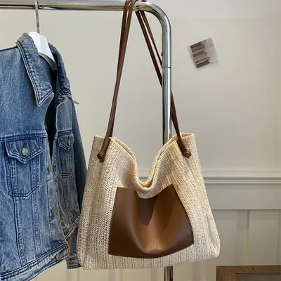 Ins Vintage Woven Straw Tote Bag Brown Leather Handle