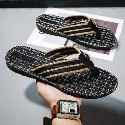 2024 Men Black Woven Beach Flip Flops