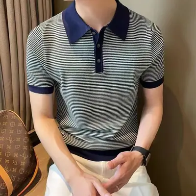 Men Ice Silk Polo Shirt Striped Collar White Pants