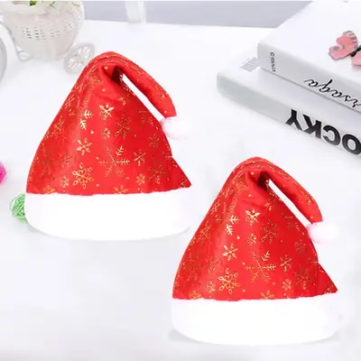 Christmas Santa Hat Red Gold Print with White Trim