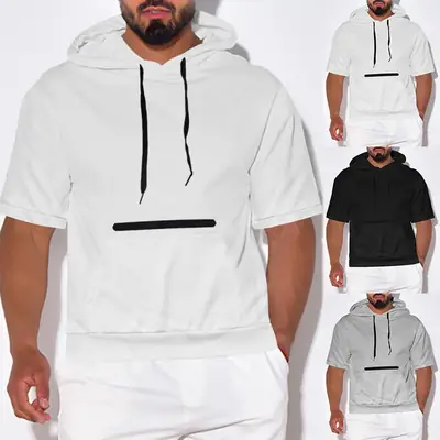 Men's Black Hooded Short Sleeve T-Shirt Solid Color