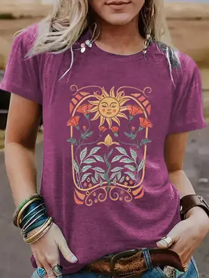Women Sun Flower Print T-Shirt White Round Neck Short Sleeve