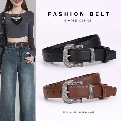 Women's Cowhide Leather Belt with Carved Alloy Buckle