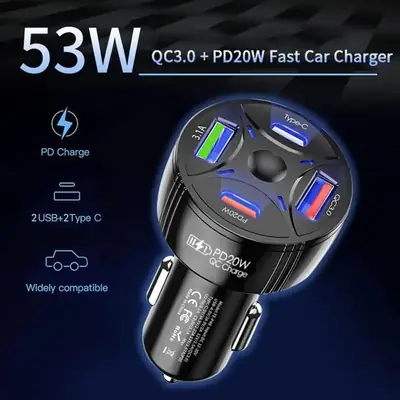 53W QC3.0 PD Fast Car Charger with 2 USB Type C Ports