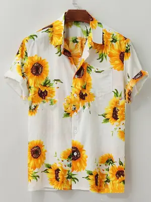 Men's 3D Floral Short Sleeve Shirt Pink Mushroom Print