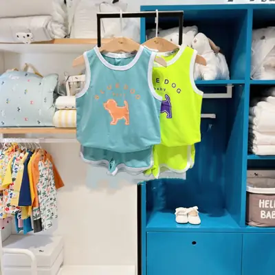 New Boys Sleeveless Vest & Shorts Set Turquoise with Dog Print