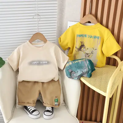Boys Cotton T-Shirt Shorts Set Yellow Beige Summer 2024