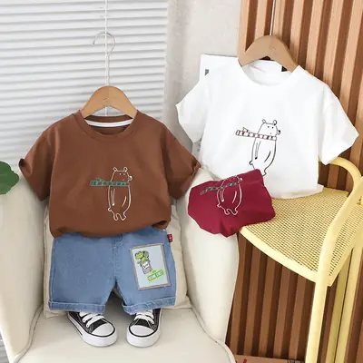 Baby Summer T-Shirt Shorts Set Brown Cotton Casual Western Style