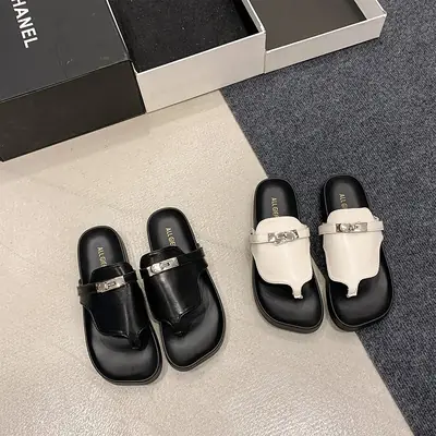 2024 French Style Black White Flip Flops with Silver Buckle