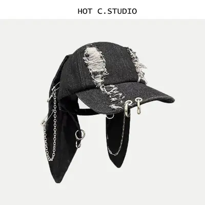 Punk Rabbit Ears Cap Denim Ripped Baseball Cap Women's Hipster Chain Hip-Hop