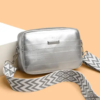 Black Glossy Crossbody Bag with Zigzag Strap