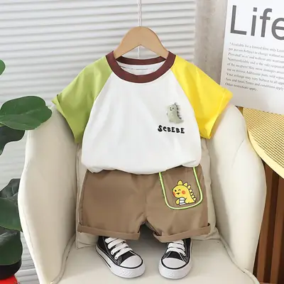 Children Cotton T-Shirt Shorts Set White Yellow Brown