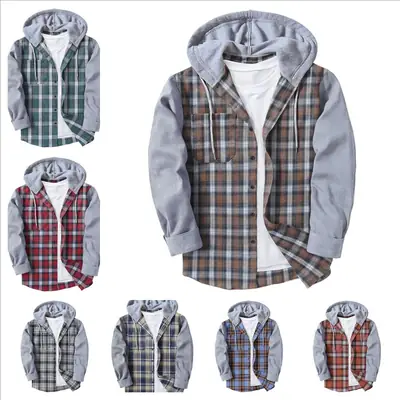 Men Plaid Hooded Long Sleeve Shirt 2024