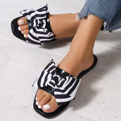 Women Camellia Flat Heel Sandals Black White Stripes
