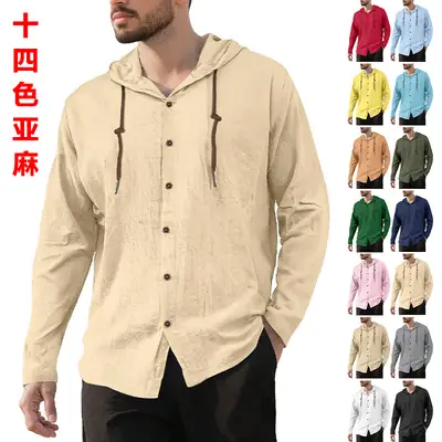 Men Green Hooded T-Shirt Cotton Linen Long Sleeve