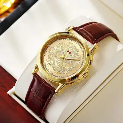 Men's Dragon Watch with Gold Leather Strap