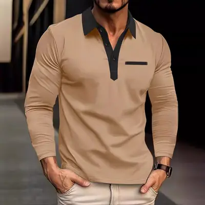 Men's White Long Sleeve Polo Shirt with Beige Trim