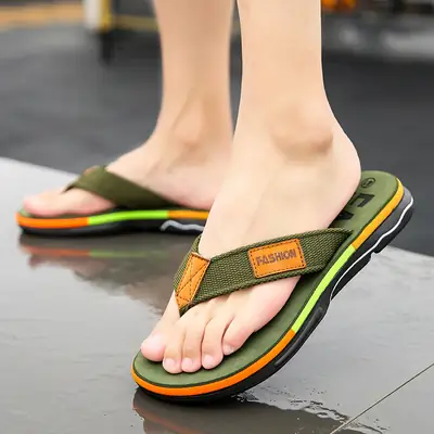 Men's Green Orange Cross-Braceled Flip Flops