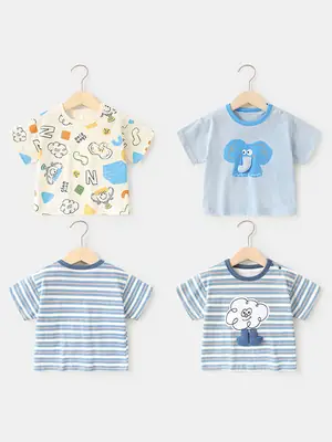 Baby T-Shirts Cartoon Print Summer Wear Blue Striped