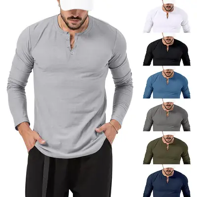 Men's Olive Henry Style Long Sleeve Top T-Shirt