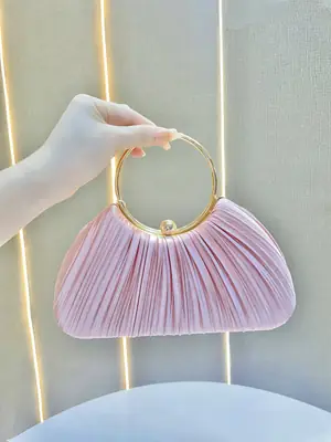 Pink Pleated Evening Handbag with Gold Ring