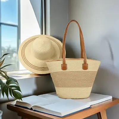 Straw Hat & Tote Set for Summer Travel Beach