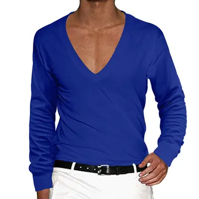 Men Blue Long Sleeve V Neck T-Shirt Slim Fit