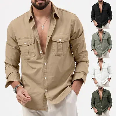 Men's White Button-Down Shirt with Multi-Flap Pocket