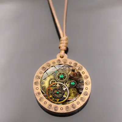 Steampunk Mechanical Watch Pendant Necklace Women's Retro Brown Wax Rope Sweater Chain