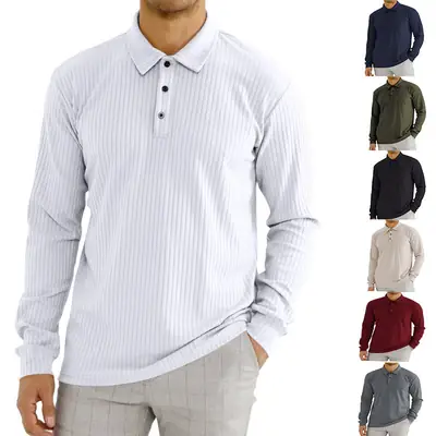Men's Beige Striped Long Sleeve Polo Shirt