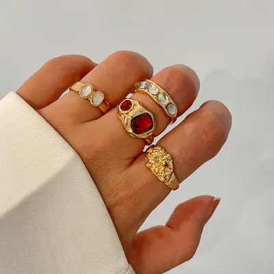 Gold Geometric Diamond Ring Set for Women