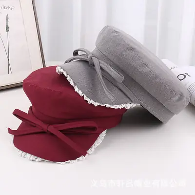 Women's Red Bow Strap Lace Cap All Match