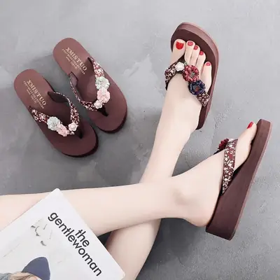Women's Flower Decorated Flip Flops Brown Thick Sole