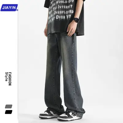 Men's Grey Denim Pants Loose Straight Fit