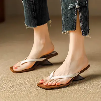 Women Black Wedge Heel Flip Flops Summer