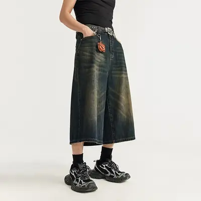 Men Vintage Washed Wide Leg Cropped Shorts 7 Point