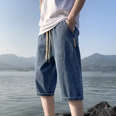 Men Denim Capri Shorts Korean Style Loose Straight Drawstring