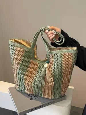 2025 Straw Bag with Vertical Stripes & Tassel