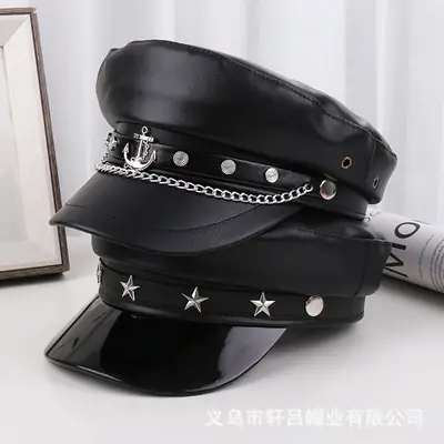 Navy PU Leather Pike Style Women's Hat with Star Accents