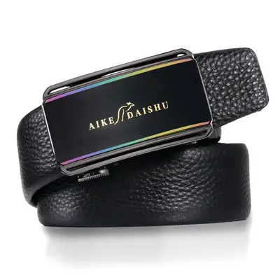 Aike Daishu Men's Black Leather Belt with Rainbow Buckle