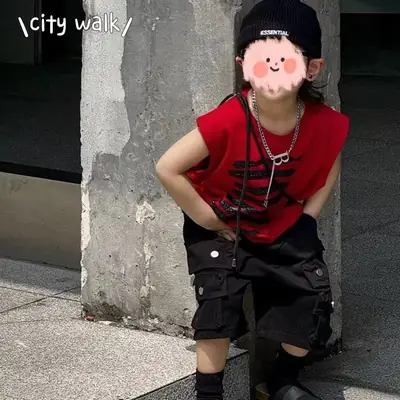 Red Sleeveless Kids Vest & Black Shorts Set