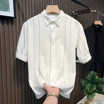 Men Striped Short Sleeve Shirt Black