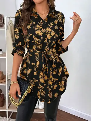 Women Floral Print Belted Long Sleeve Shirt Black Gold