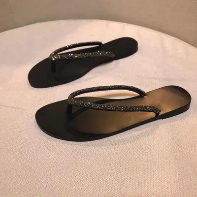 Women Black Diamond Flip Flops Summer Sandals