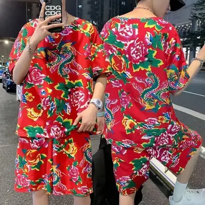 Red Floral Short Sleeve T-Shirt Shorts Set for Men Women