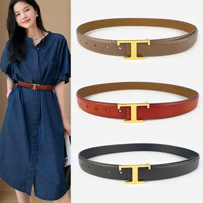White T-Bracket Buckle Belt for Women with Genuine Leather