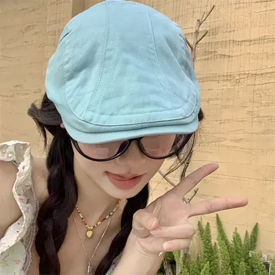 Japanese British Lake Blue Retro Denim Forward Hat Women's Spring and Summer Reverse Beret Short-brimmed Niche Duck Tongue Hat